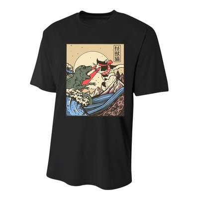Kaiju Monster Vs Cat Laser Eye Fight Japanese Zilla Youth Performance Sprint T-Shirt