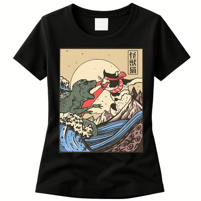 Kaiju Monster Vs Cat Laser Eye Fight Japanese Zilla Womens T-Shirt