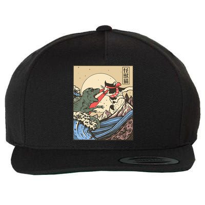 Kaiju Monster Vs Cat Laser Eye Fight Japanese Zilla Wool Snapback Cap