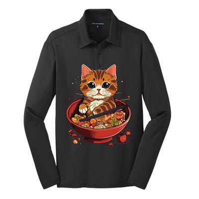 Kawaii neko cat ra bowl anime japanese noodles udon sushi Silk Touch Performance Long Sleeve Polo