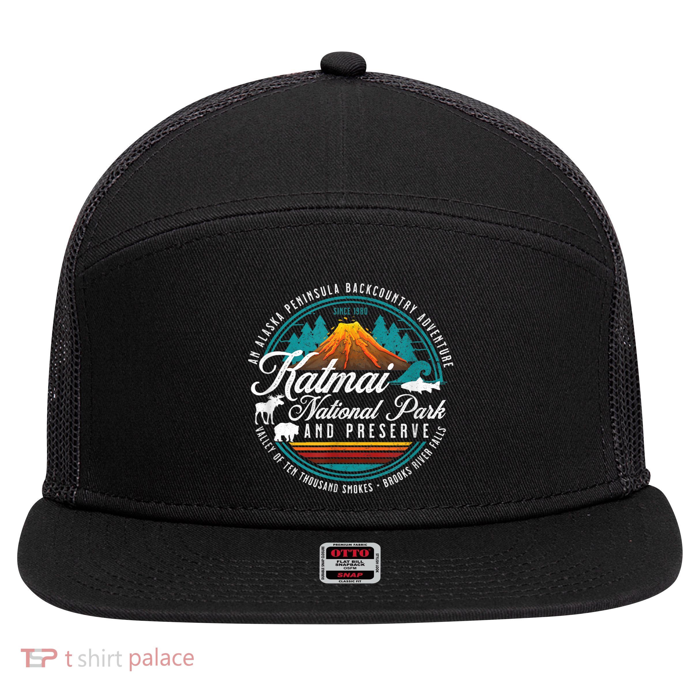 Katmai National Park Preserve Alaska Bear Watching Salmon 7 Panel Mesh Trucker Snapback Hat