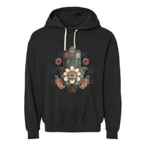 Khamsah Or Flower Hand Of Fatima On Floral Hamsa Hand Garment-Dyed Fleece Hoodie