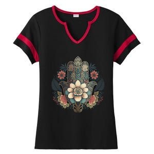 Khamsah Or Flower Hand Of Fatima On Floral Hamsa Hand Ladies Halftime Notch Neck Tee