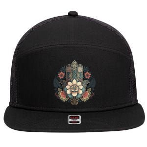 Khamsah Or Flower Hand Of Fatima On Floral Hamsa Hand 7 Panel Mesh Trucker Snapback Hat