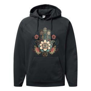 Khamsah Or Flower Hand Of Fatima On Floral Hamsa Hand Performance Fleece Hoodie