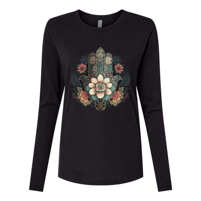 Khamsah Or Flower Hand Of Fatima On Floral Hamsa Hand Womens Cotton Relaxed Long Sleeve T-Shirt