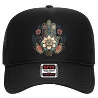 Khamsah Or Flower Hand Of Fatima On Floral Hamsa Hand High Crown Mesh Back Trucker Hat