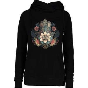 Khamsah Or Flower Hand Of Fatima On Floral Hamsa Hand Womens Funnel Neck Pullover Hood