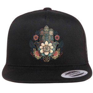 Khamsah Or Flower Hand Of Fatima On Floral Hamsa Hand Flat Bill Trucker Hat