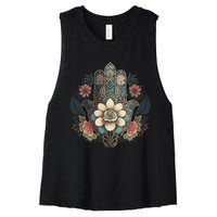 Khamsah Or Flower Hand Of Fatima On Floral Hamsa Hand Women's Racerback Cropped Tank