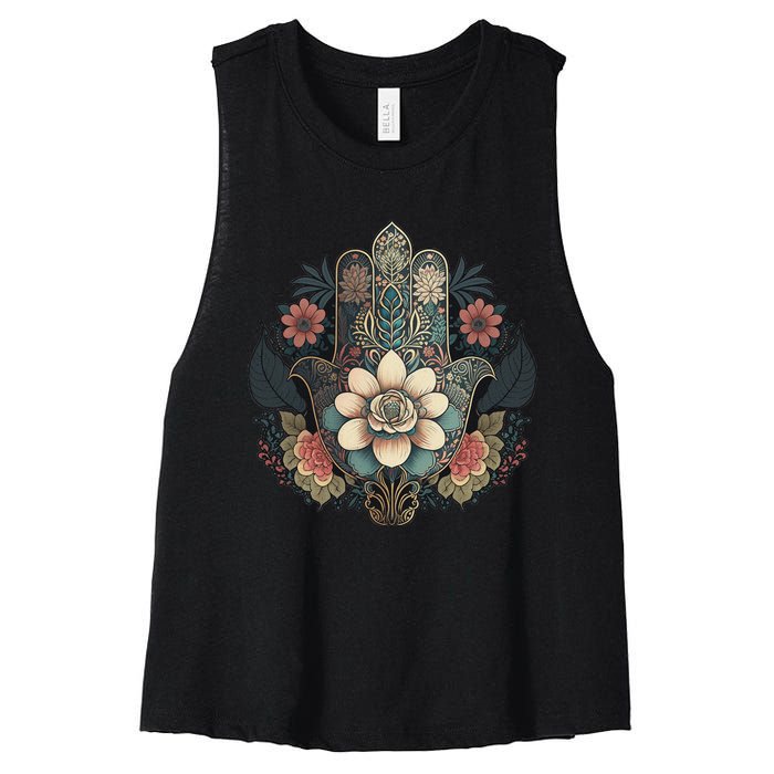 Khamsah Or Flower Hand Of Fatima On Floral Hamsa Hand Women's Racerback Cropped Tank