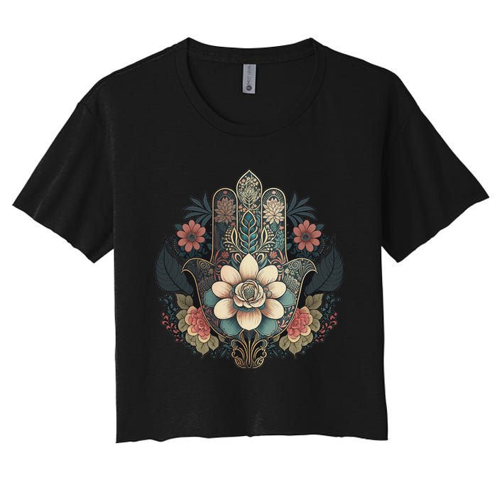 Khamsah Or Flower Hand Of Fatima On Floral Hamsa Hand Women's Crop Top Tee