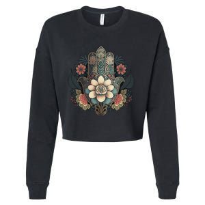 Khamsah Or Flower Hand Of Fatima On Floral Hamsa Hand Cropped Pullover Crew