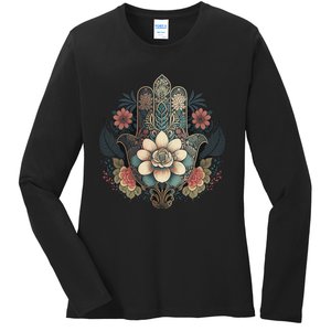 Khamsah Or Flower Hand Of Fatima On Floral Hamsa Hand Ladies Long Sleeve Shirt