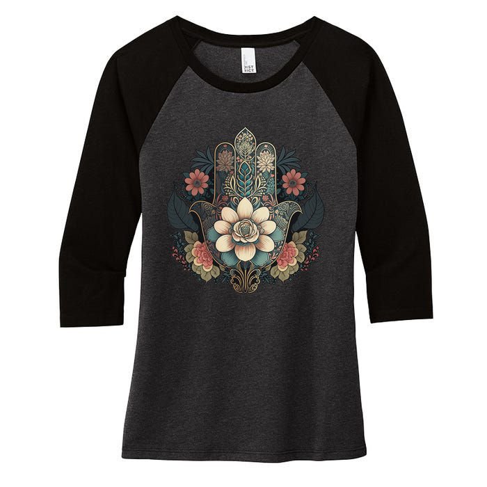 Khamsah Or Flower Hand Of Fatima On Floral Hamsa Hand Women's Tri-Blend 3/4-Sleeve Raglan Shirt