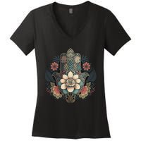 Khamsah Or Flower Hand Of Fatima On Floral Hamsa Hand Women's V-Neck T-Shirt