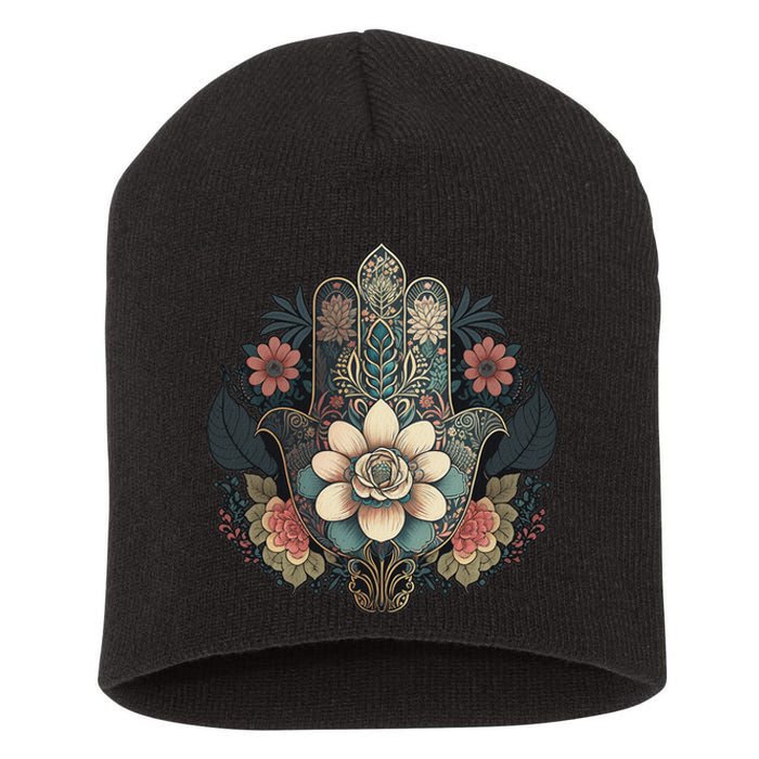 Khamsah Or Flower Hand Of Fatima On Floral Hamsa Hand Short Acrylic Beanie