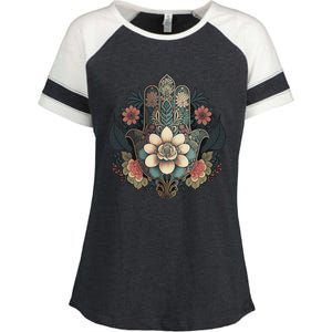 Khamsah Or Flower Hand Of Fatima On Floral Hamsa Hand Enza Ladies Jersey Colorblock Tee