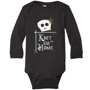 Knit Or Go Home Skull Needles Yarn Halloween Knitting Design Baby Long Sleeve Bodysuit