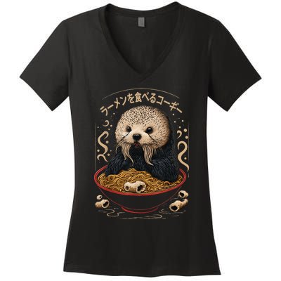 Kawaii Otter Japanese Ra noodles soup Otter Lover Women's V-Neck T-Shirt