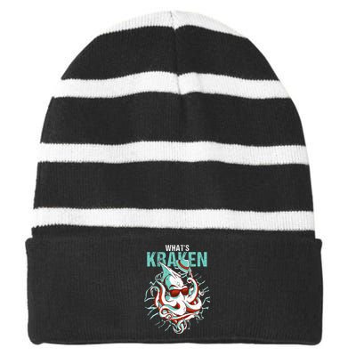 Kraken Ocean Monster Diver Surfer Beach Lover Whats Kraken Striped Beanie with Solid Band