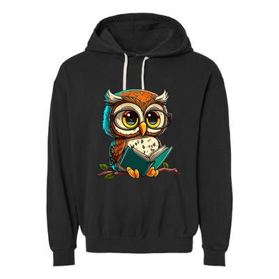 Kawaii Owl Reads Book Reading Bookworm Library Book Garment-Dyed Fleece Hoodie