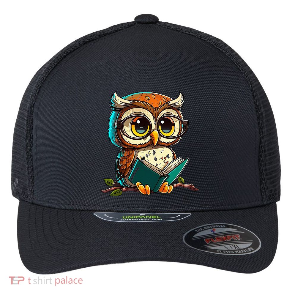 Kawaii Owl Reads Book Reading Bookworm Library Book Flexfit Unipanel Trucker Cap