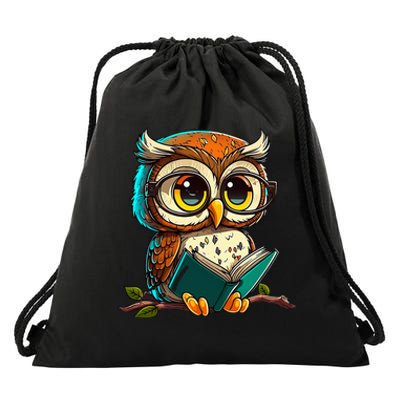 Kawaii Owl Reads Book Reading Bookworm Library Book Drawstring Bag