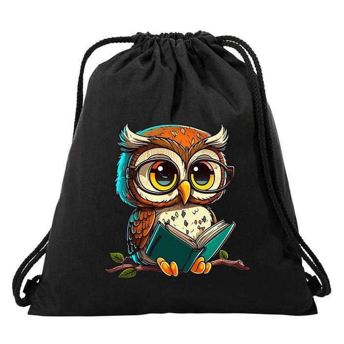 Kawaii Owl Reads Book Reading Bookworm Library Book Drawstring Bag