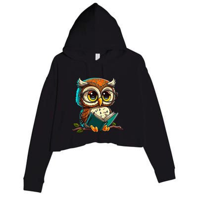 Kawaii Owl Reads Book Reading Bookworm Library Book Crop Fleece Hoodie