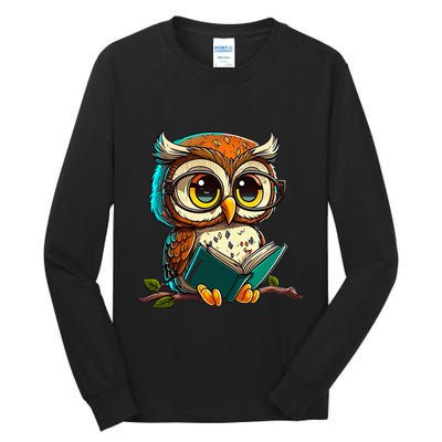 Kawaii Owl Reads Book Reading Bookworm Library Book Tall Long Sleeve T-Shirt