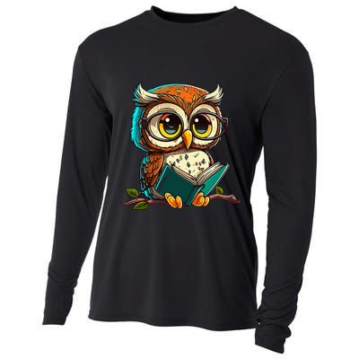 Kawaii Owl Reads Book Reading Bookworm Library Book Cooling Performance Long Sleeve Crew