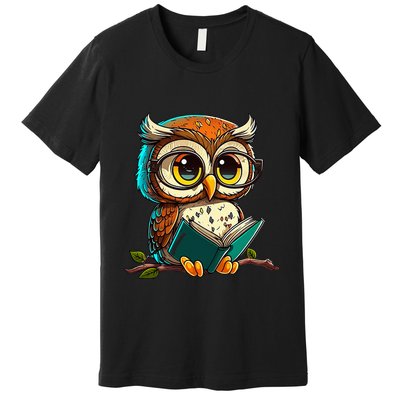 Kawaii Owl Reads Book Reading Bookworm Library Book Premium T-Shirt