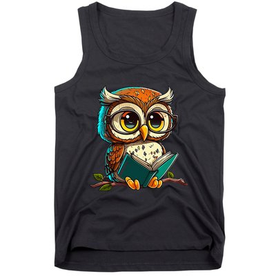 Kawaii Owl Reads Book Reading Bookworm Library Book Tank Top