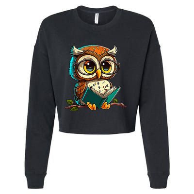 Kawaii Owl Reads Book Reading Bookworm Library Book Cropped Pullover Crew