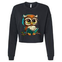Kawaii Owl Reads Book Reading Bookworm Library Book Cropped Pullover Crew