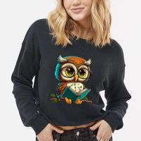 Kawaii Owl Reads Book Reading Bookworm Library Book Cropped Pullover Crew