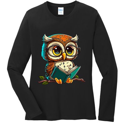 Kawaii Owl Reads Book Reading Bookworm Library Book Ladies Long Sleeve Shirt