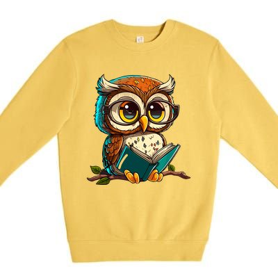 Kawaii Owl Reads Book Reading Bookworm Library Book Premium Crewneck Sweatshirt