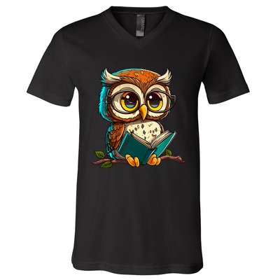 Kawaii Owl Reads Book Reading Bookworm Library Book V-Neck T-Shirt