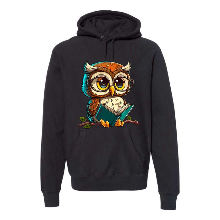 Kawaii Owl Reads Book Reading Bookworm Library Book Premium Hoodie