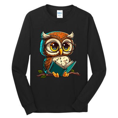 Kawaii Owl Reads Book Reading Bookworm Library Book Tall Long Sleeve T-Shirt