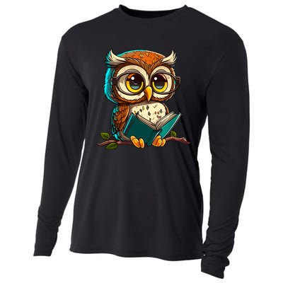 Kawaii Owl Reads Book Reading Bookworm Library Book Cooling Performance Long Sleeve Crew