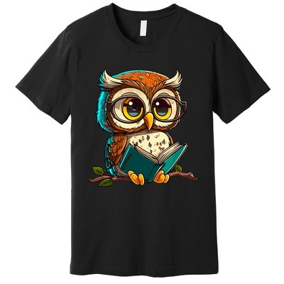 Kawaii Owl Reads Book Reading Bookworm Library Book Premium T-Shirt