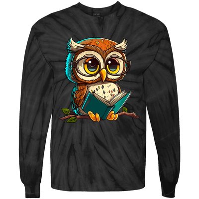 Kawaii Owl Reads Book Reading Bookworm Library Book Tie-Dye Long Sleeve Shirt