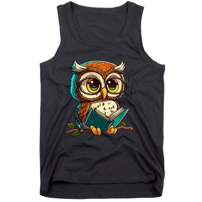 Kawaii Owl Reads Book Reading Bookworm Library Book Tank Top