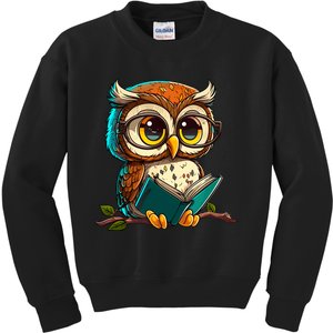 Kawaii Owl Reads Book Reading Bookworm Library Book Kids Sweatshirt