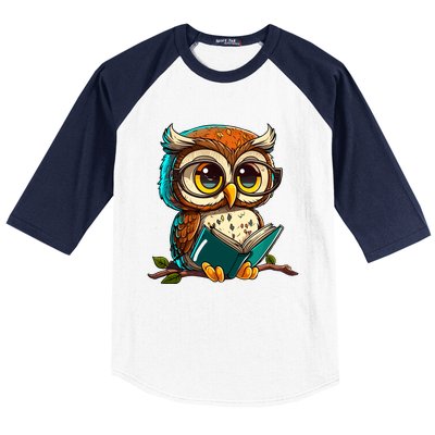 Kawaii Owl Reads Book Reading Bookworm Library Book Baseball Sleeve Shirt