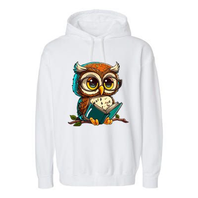 Kawaii Owl Reads Book Reading Bookworm Library Book Garment-Dyed Fleece Hoodie