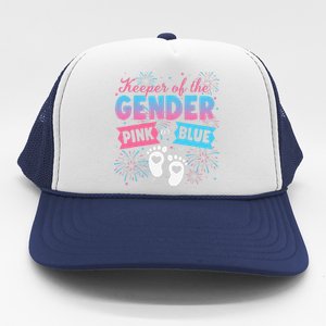 Keeper Of The Gender Or Blue Gender Reveal Fireworks Trucker Hat